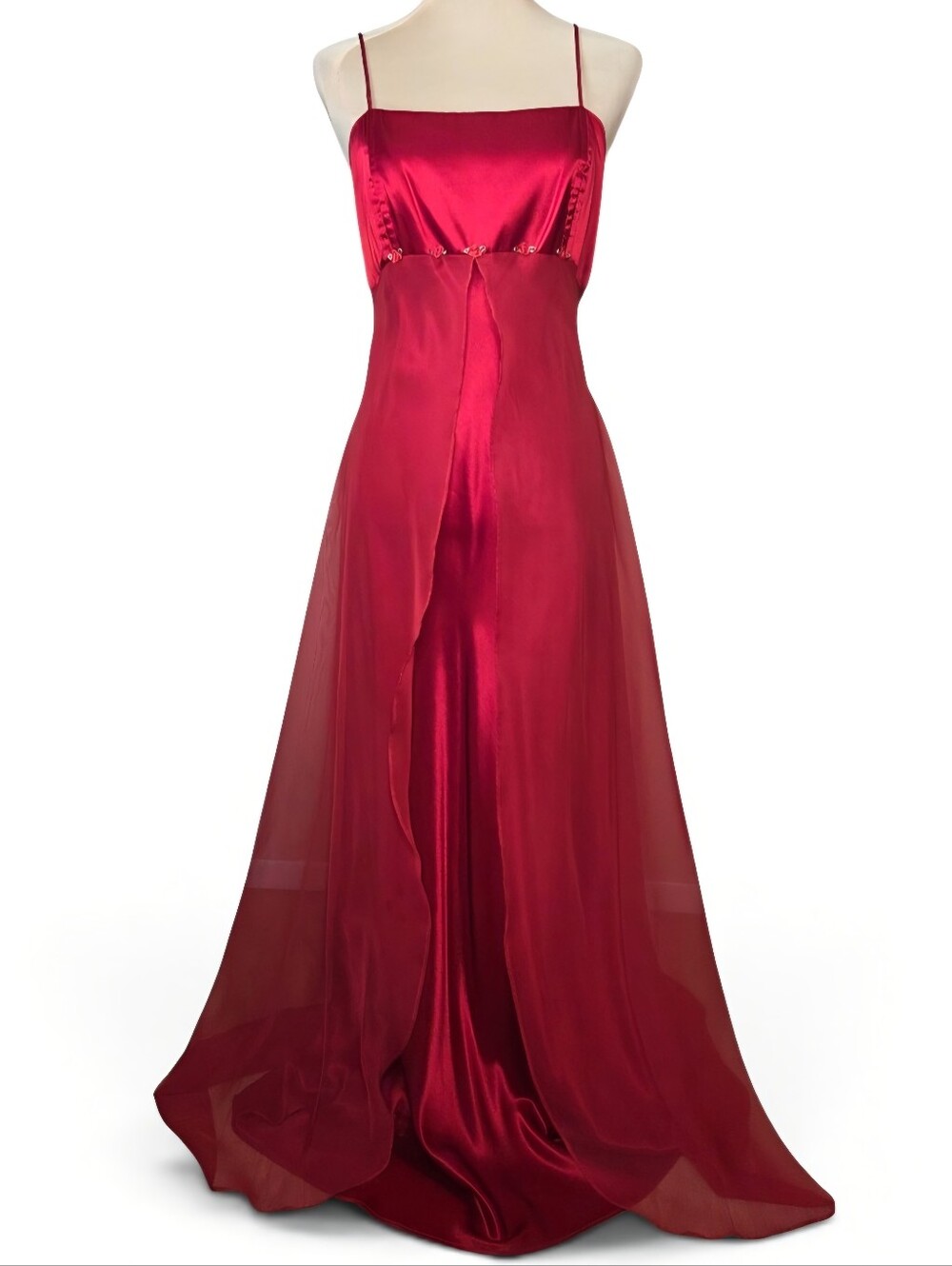 Vintage Fiesta Wine Red Satin & Chiffon Y2K Prom Dress Gown w/ Shawl Rose Detail